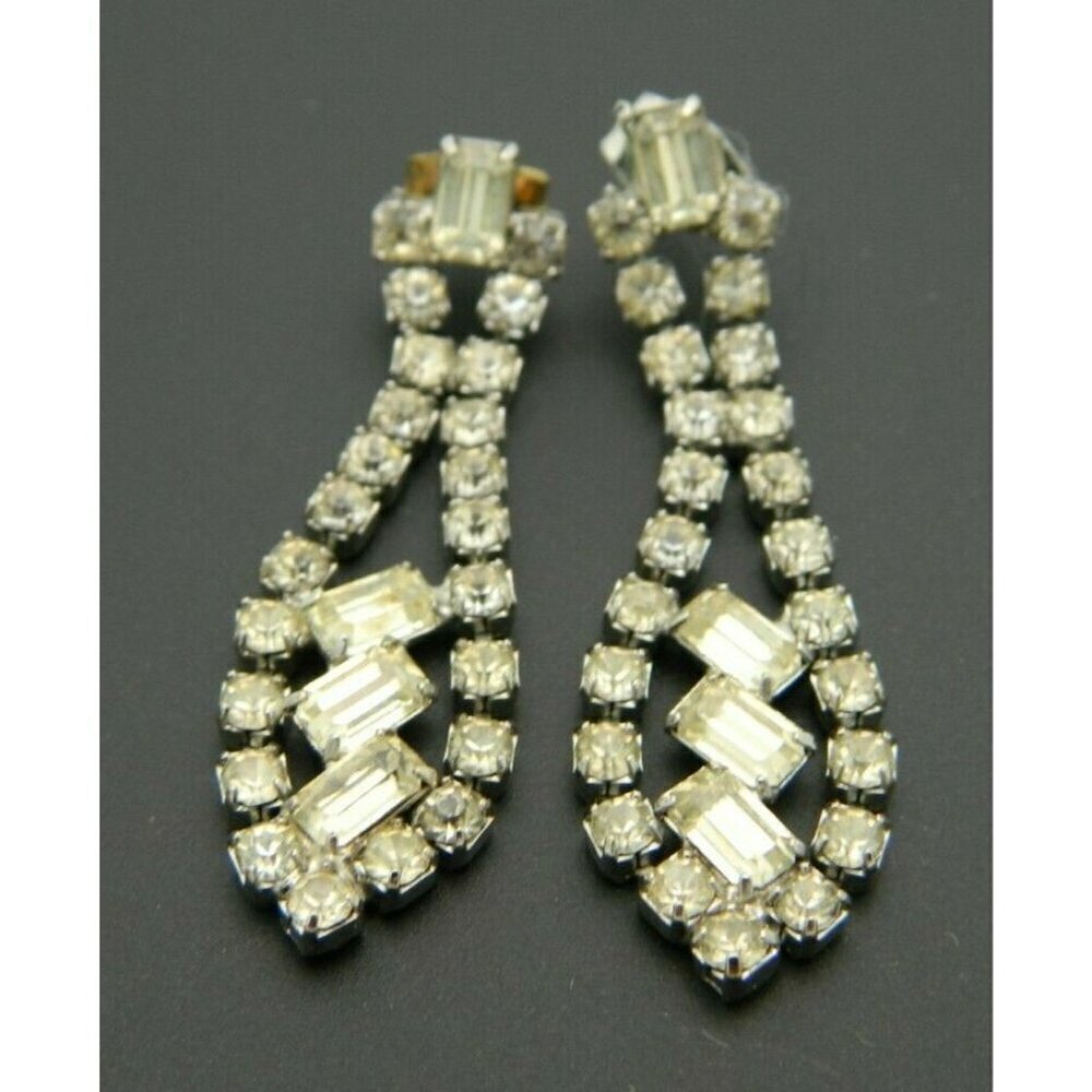 Clear Rhinestone Dangle Silver Tone Post Earrings Vintage 1980's